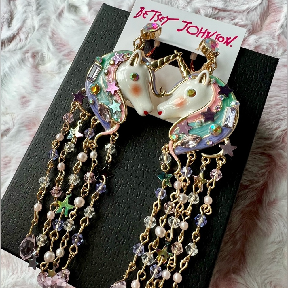 Betsey Johnson Gold-Tone Crystal & Bead Imitation Pearl Unicorn Fringe Earrings